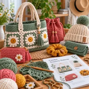 Handmade crochet accessories flat lay with granny square tote bag, ribbed beanie, and pouches.