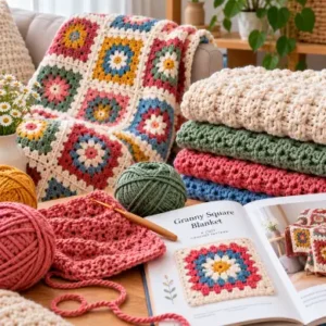 Folded handmade crochet blankets featuring a colorful granny square afghan and textured throw.