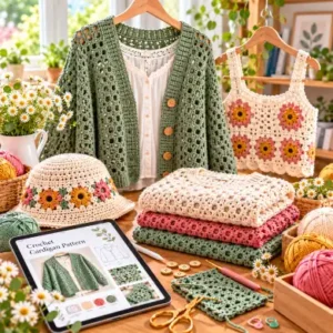 Handmade crochet green cardigan and granny square top with digital pattern on tablet.