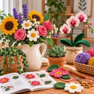 Handmade crochet flower bouquet in a vase next to potted crochet houseplants and succulents.
