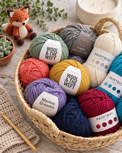 Crochet project basket filled with yarn balls.