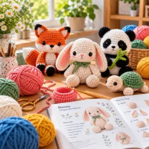 Handmade crochet amigurumi animals including a fox, bunny, and panda with pattern booklet.