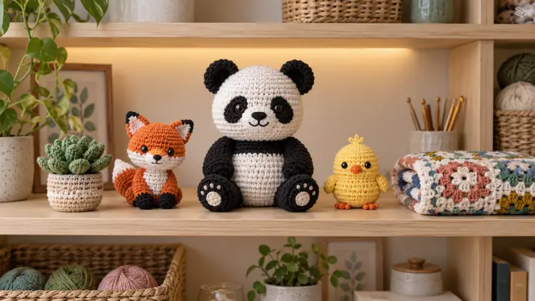 Collection of finished handmade crochet amigurumi animals, including a panda, bee, and fox.