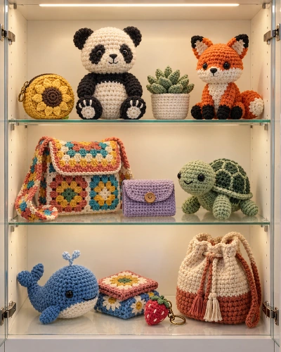 Display cabinet showcasing finished handmade crochet amigurumi animals, including a panda, bee, and fox.