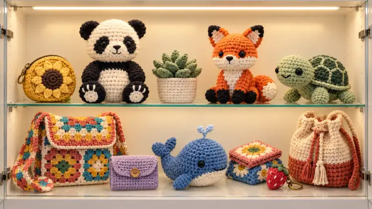 Display cabinet showcasing finished handmade crochet amigurumi animals, including a panda, bee, and fox.