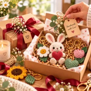 Handmade crochet gift box with bunny plushie, floral keychains, and gift tags.