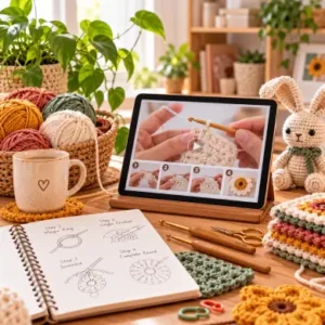 Crochet tutorial learning desk with tablet video lesson, stitch guide, and yarn.