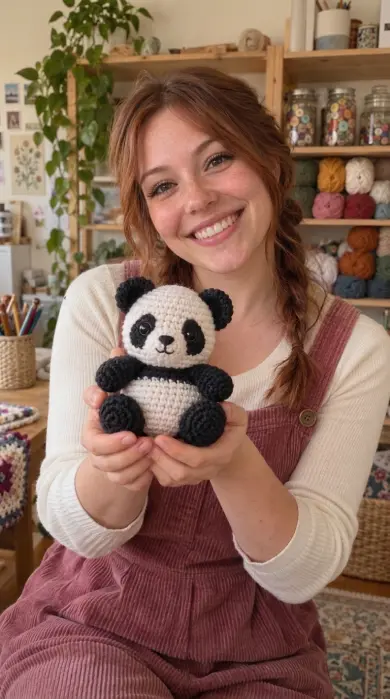 Maren smiling while presenting her finished handmade crochet panda for Novacrochet.