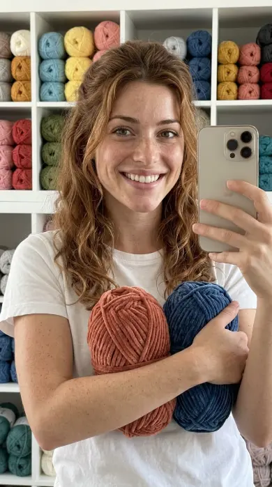Maren of Novacrochet in a selfie portrait with yarn for chenille yarn amigurumi.