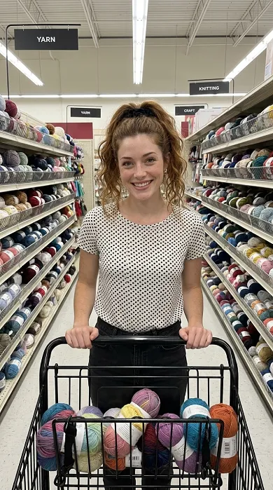 Maren shopping for crochet yarn at a craft store